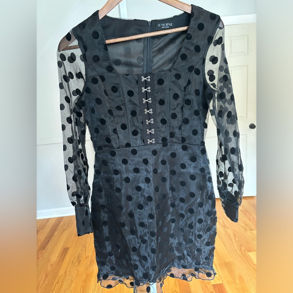 In The Style Mini Dress Sheer polka dots‎ clasps goth black Y2K Size 8